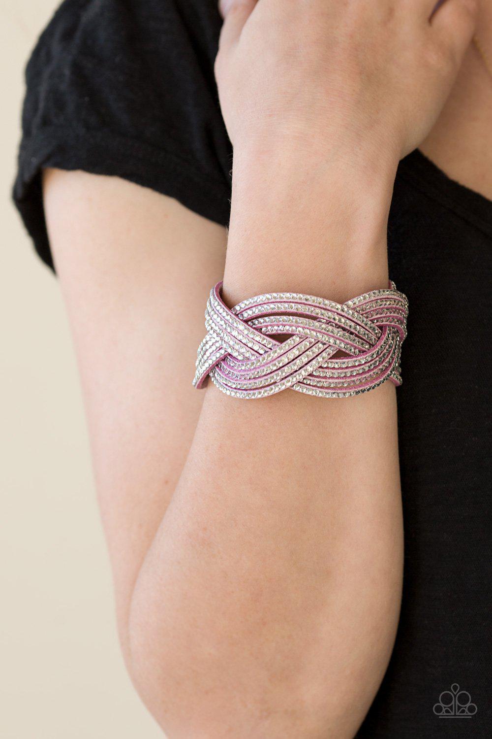 Big City Shimmer Purple and White Braided Wrap Snap Bracelet - Paparazzi Accessories- on model - CarasShop.com - Paparazzi Jewelry by Cara Jewels