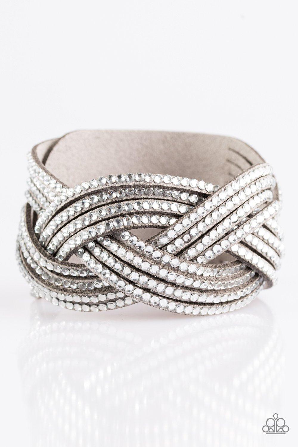 Big City Shimmer Silver and White Braided Wrap Snap Bracelet - Paparazzi Accessories- lightbox - CarasShop.com - Paparazzi Jewelry by Cara Jewels