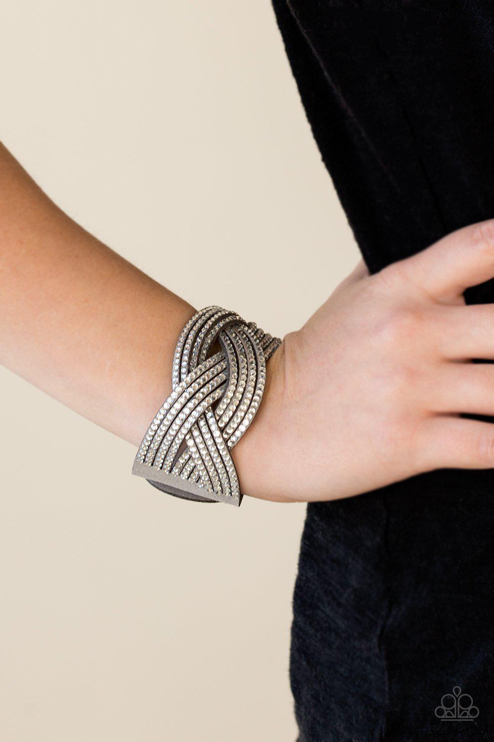 Big City Shimmer Silver and White Braided Wrap Snap Bracelet - Paparazzi Accessories- lightbox - CarasShop.com - Paparazzi Jewelry by Cara Jewels