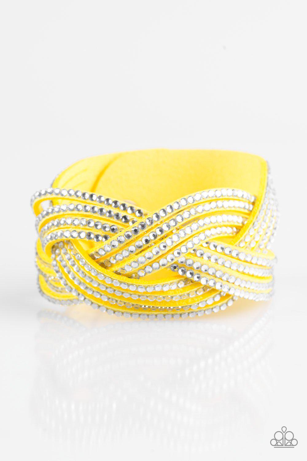 Big City Shimmer Yellow and White Braided Wrap Snap Bracelet - Paparazzi Accessories- lightbox - CarasShop.com - Paparazzi Jewelry by Cara Jewels