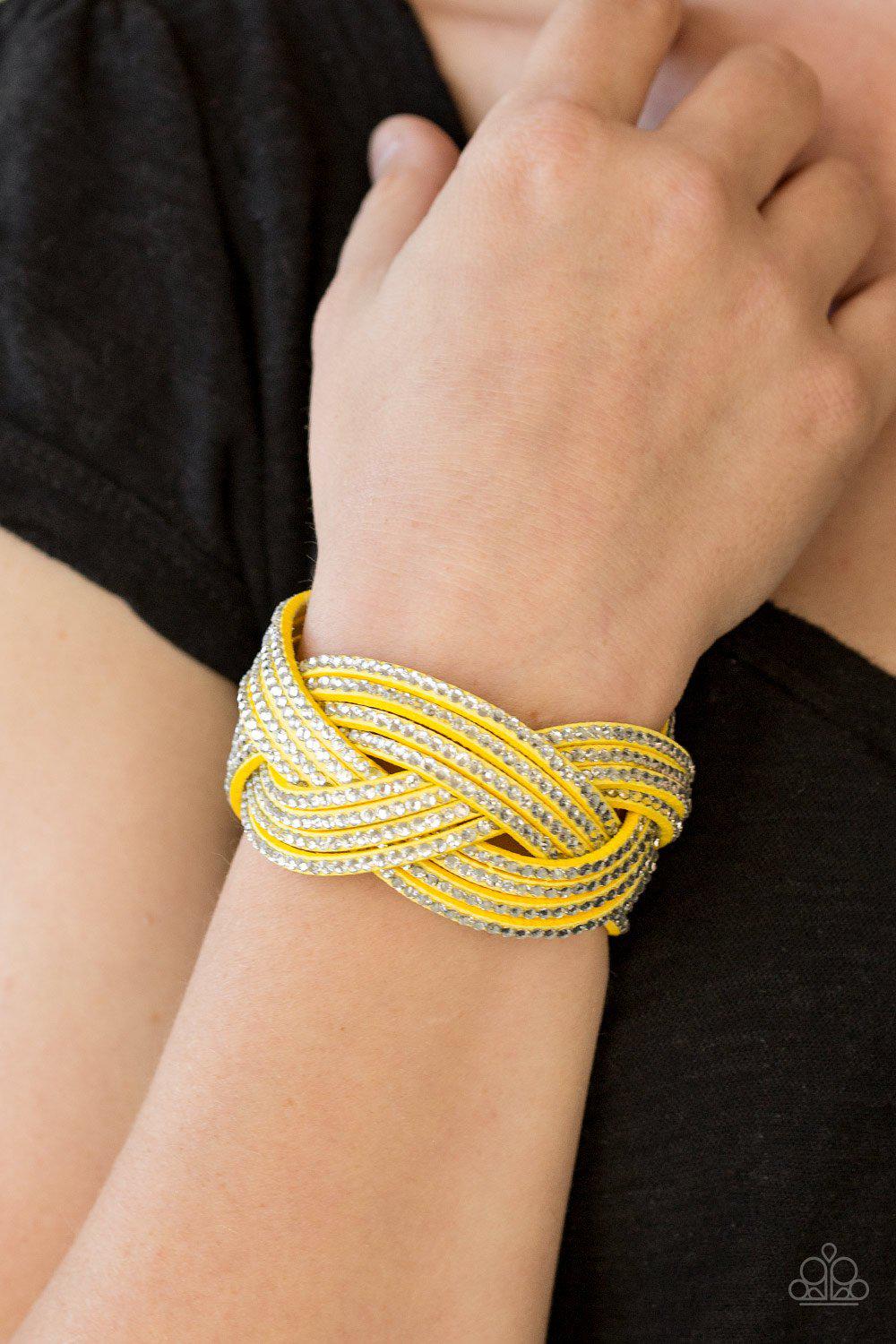 Big City Shimmer Yellow and White Braided Wrap Snap Bracelet - Paparazzi Accessories- on model - CarasShop.com - Paparazzi Jewelry by Cara Jewels