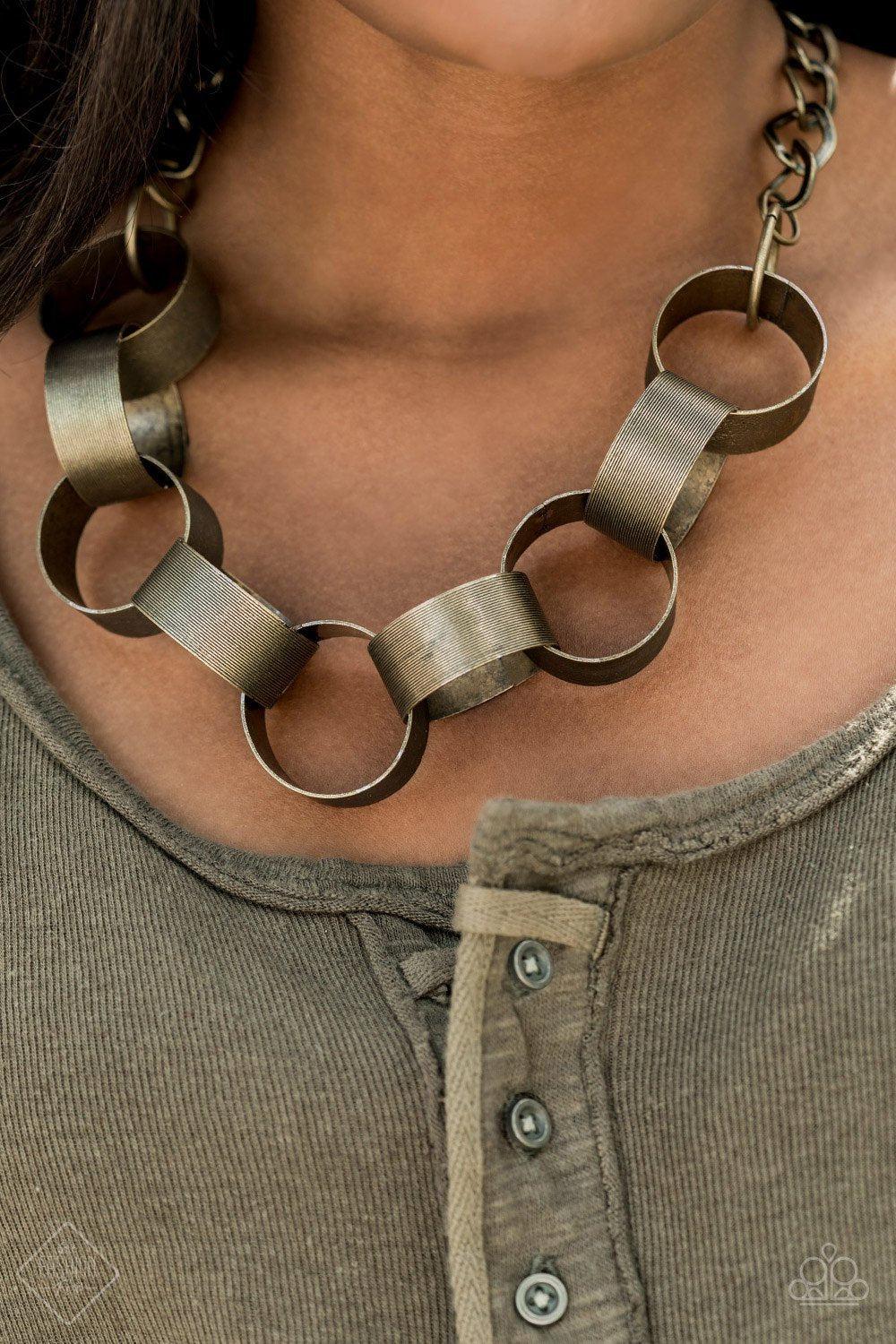 Big Hit Brass Necklace - Paparazzi Accessories- on model - CarasShop.com - Paparazzi Jewelry by Cara Jewels