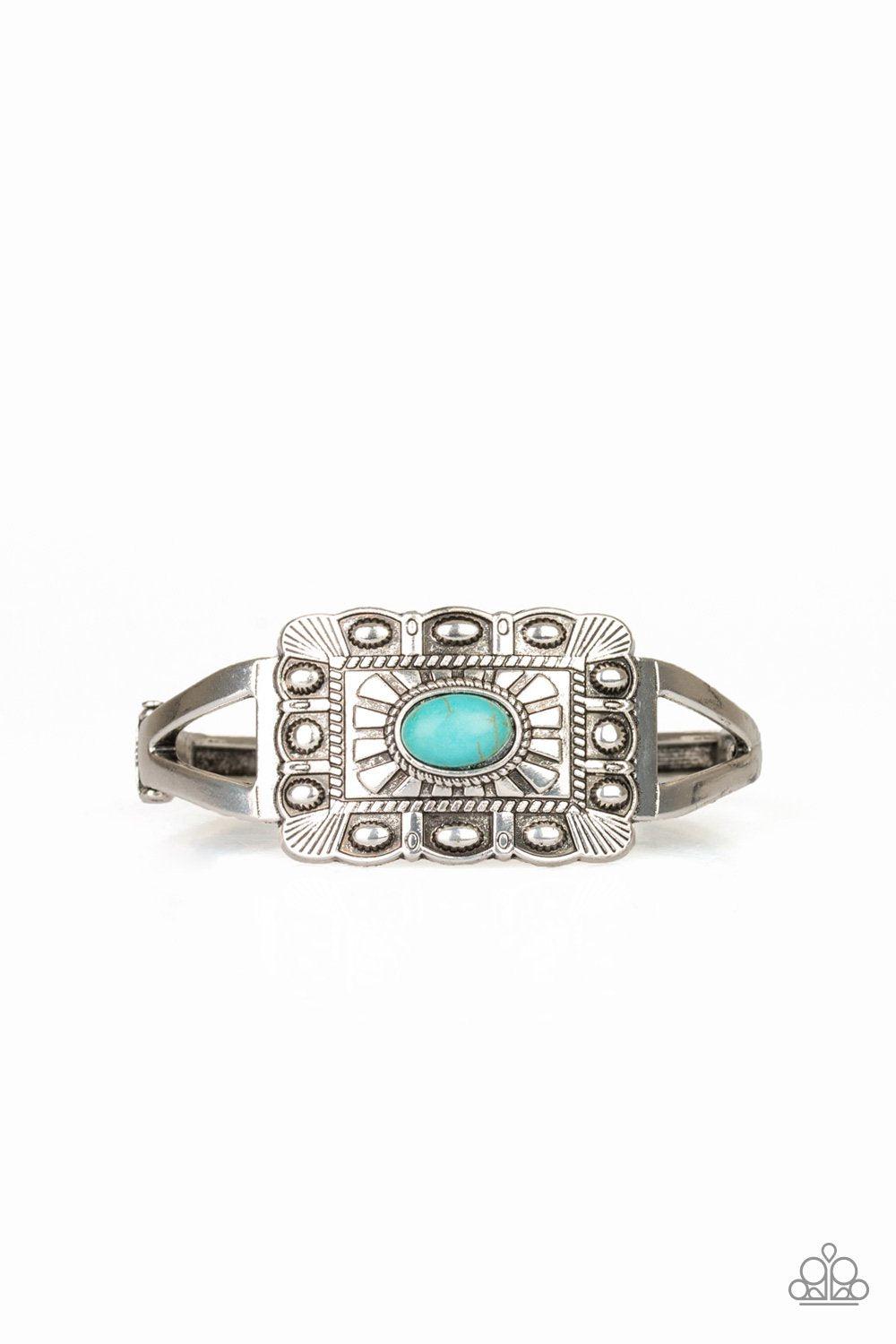 BIG House On The Prairie Silver and Turquoise Blue Stone Hinged Bracelet - Paparazzi Accessories- lightbox - CarasShop.com - Paparazzi Jewelry by Cara Jewels