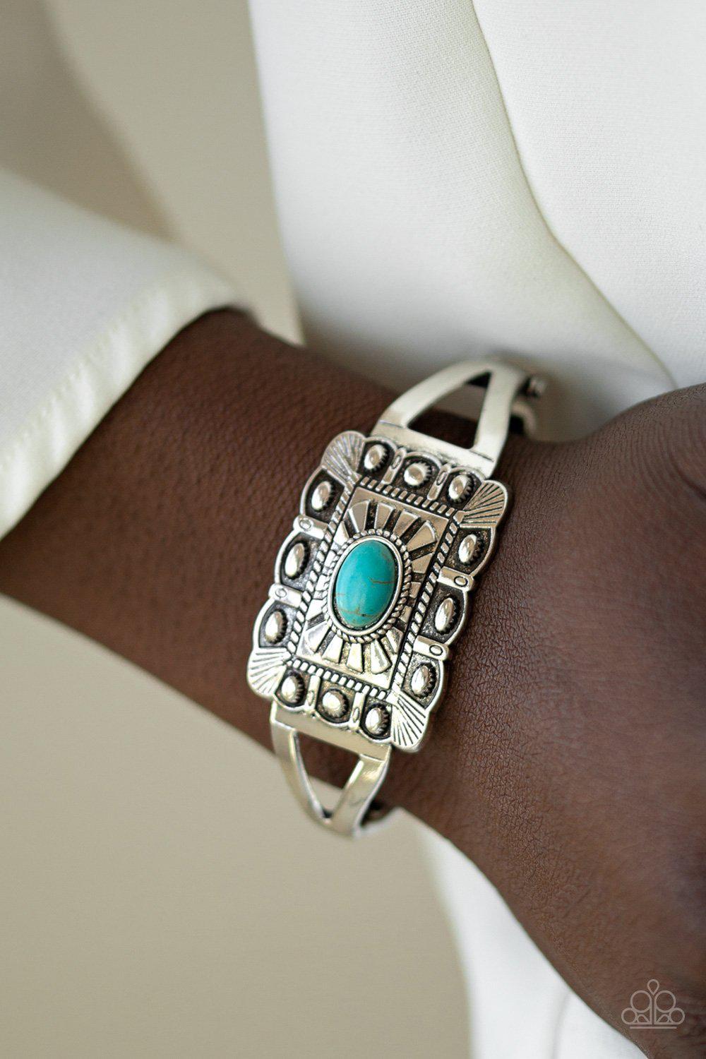 BIG House On The Prairie Silver and Turquoise Blue Stone Hinged Bracelet - Paparazzi Accessories- on model - CarasShop.com - Paparazzi Jewelry by Cara Jewels