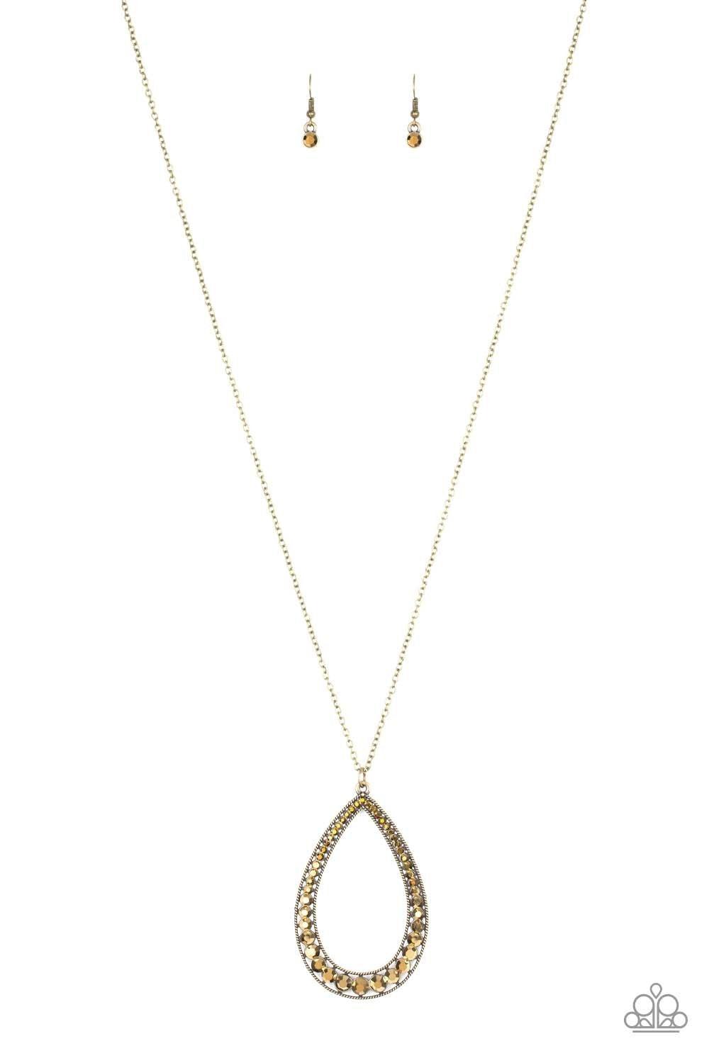 Big Ticket Twinkle Brass Teardrop Necklace - Paparazzi Accessories- lightbox - CarasShop.com - Paparazzi Jewelry by Cara Jewels