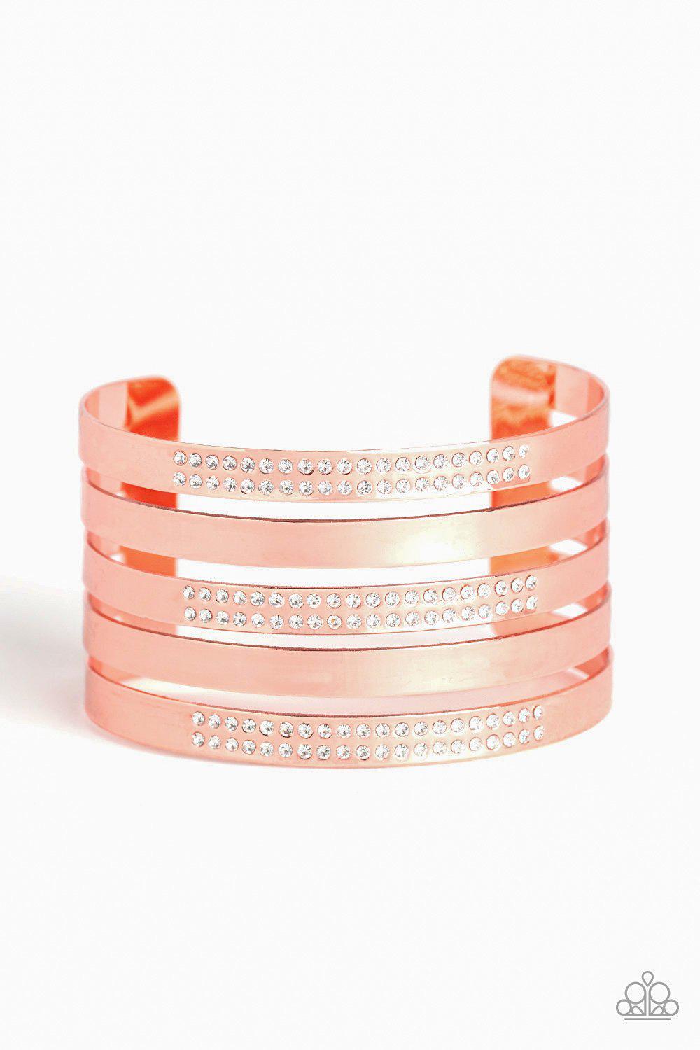 Big Time Shine Copper and White Rhinestone Cuff Bracelet - Paparazzi Accessories- lightbox - CarasShop.com - Paparazzi Jewelry by Cara Jewels