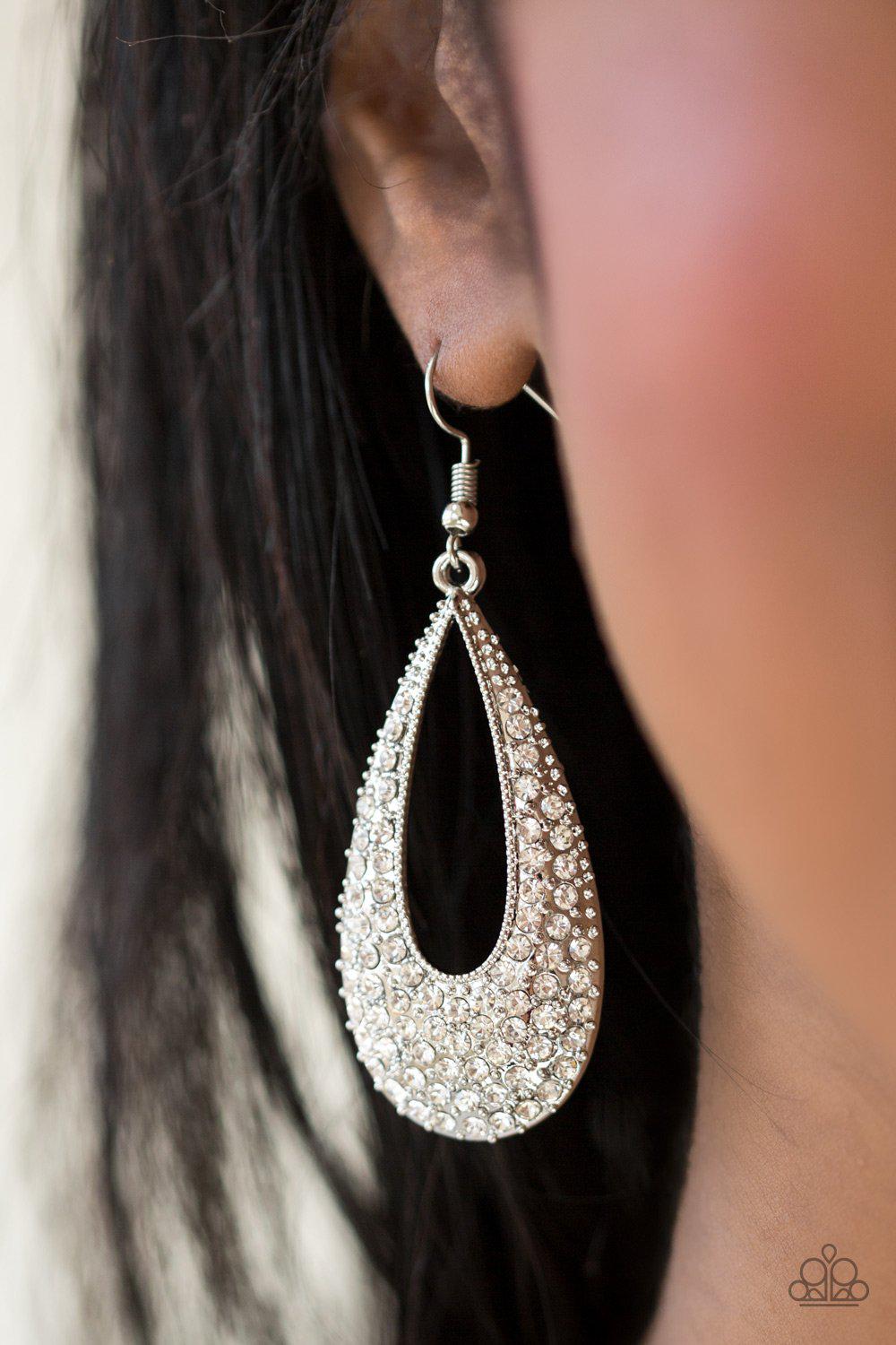 Big-Time Spender White Rhinestone Earrings - Paparazzi Accessories- on model - CarasShop.com - Paparazzi Jewelry by Cara Jewels