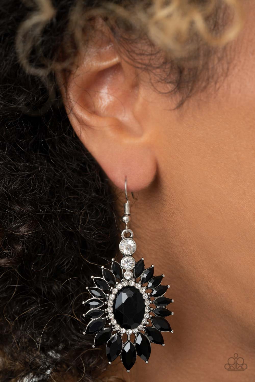 Big Time Twinkle Black and White Rhinestone Earrings - Paparazzi Accessories- on model - CarasShop.com - Paparazzi Jewelry by Cara Jewels