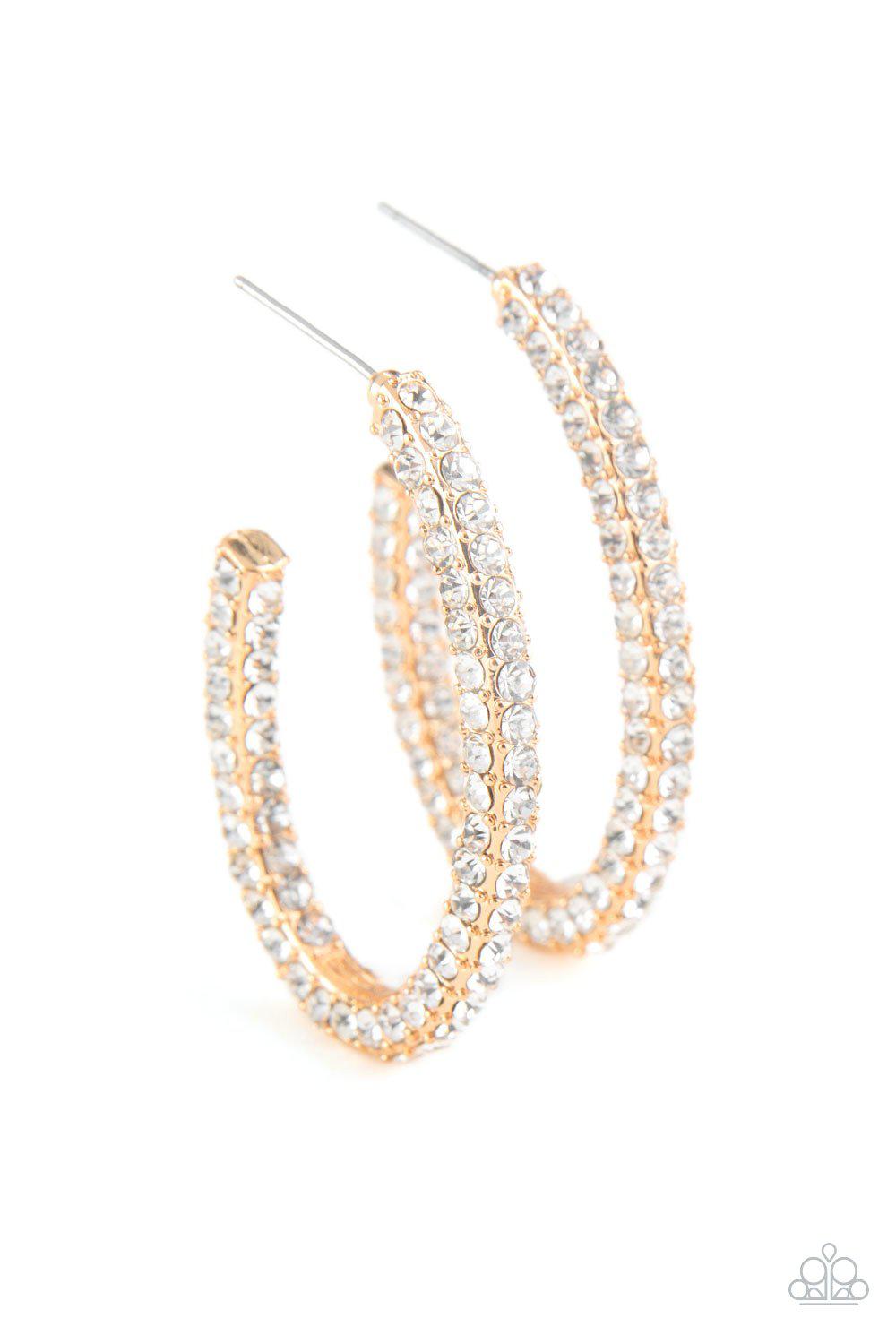 Big Winner Gold and White Rhinestone Hoop Earrings - Paparazzi Accessories- lightbox - CarasShop.com - Paparazzi Jewelry by Cara Jewels