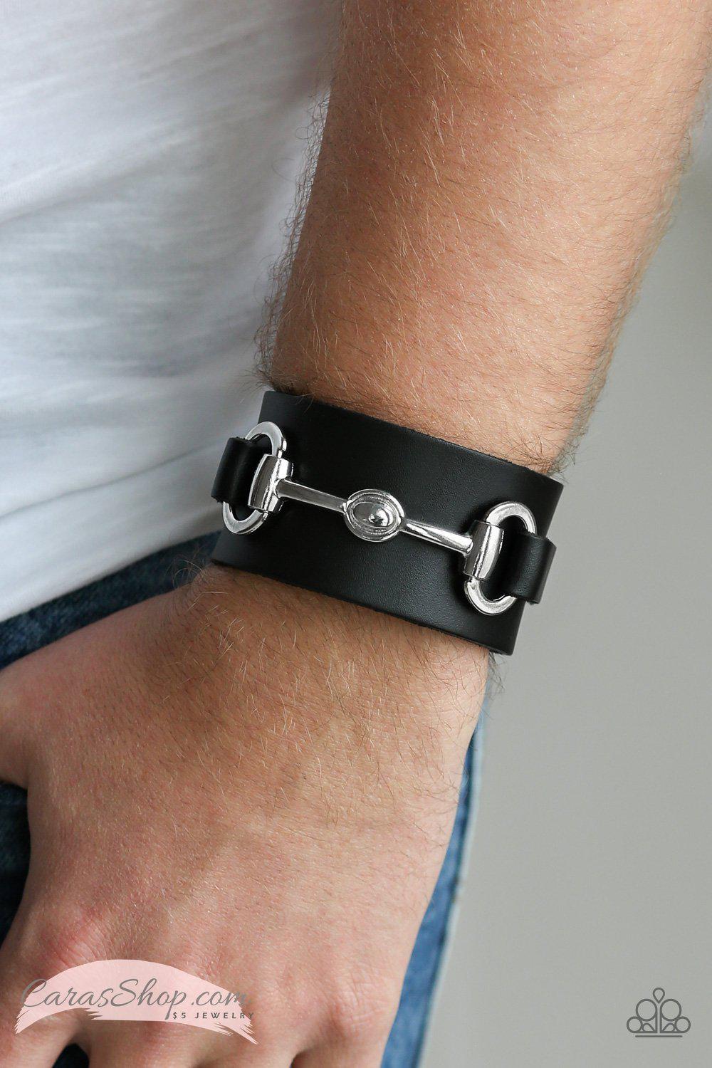 Biker Band - Men's Black Leather Wrap Snap Bracelet - Paparazzi Accessories- on model - CarasShop.com - Paparazzi Jewelry by Cara Jewels