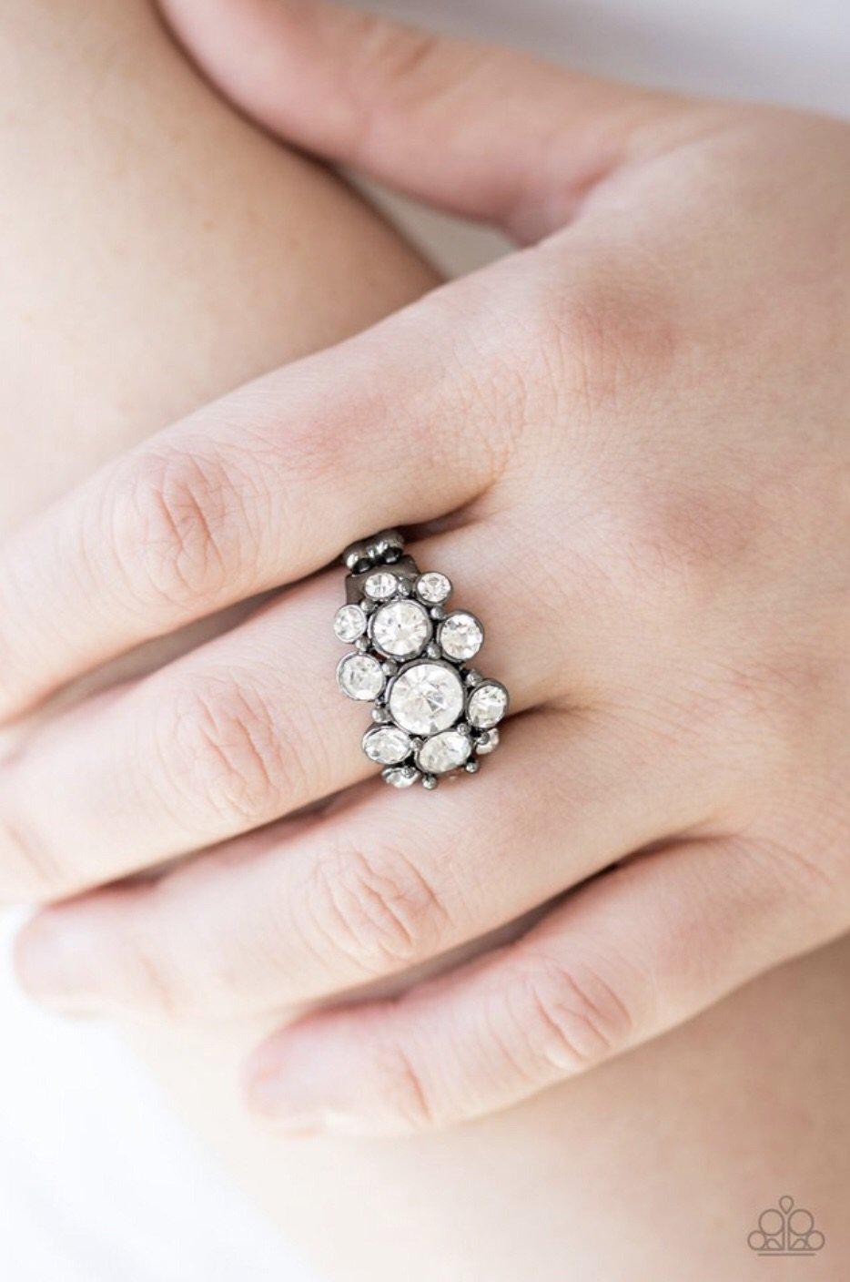 Billion Dollar Bombshell Gunmetal and White Rhinestone Ring - Paparazzi Accessories- lightbox - CarasShop.com - Paparazzi Jewelry by Cara Jewels