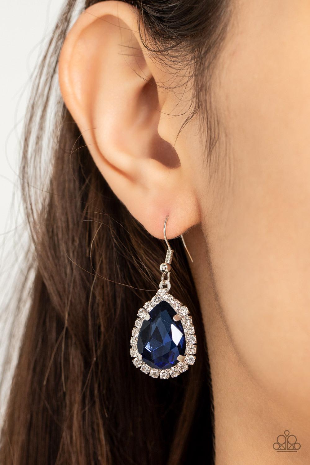 Bippity Boppity BOOM! Blue Rhinestone Earrings - Paparazzi Accessories- on model - CarasShop.com - Paparazzi Jewelry by Cara Jewels