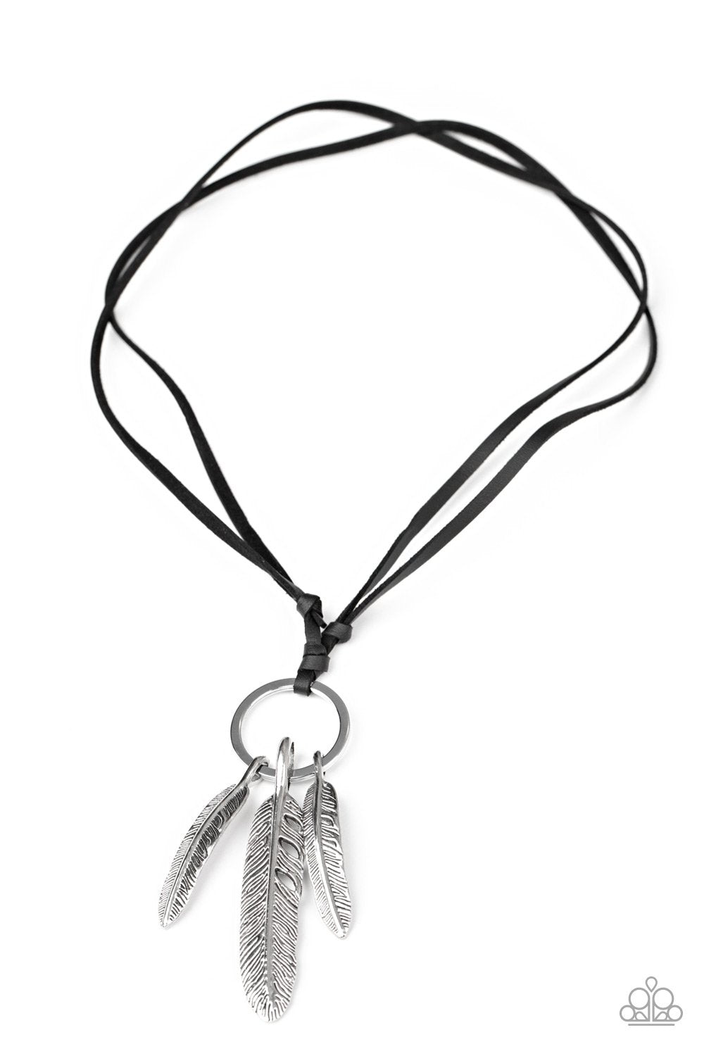 Bird Watcher Black Leather and Silver Feather Urban Necklace - Paparazzi Accessories- lightbox - CarasShop.com - Paparazzi Jewelry by Cara Jewels