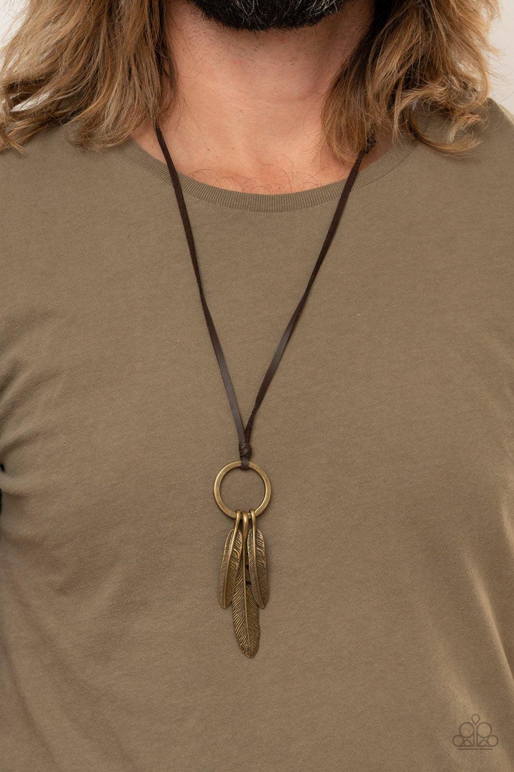 Bird Watcher Brown and Brass Feather Urban Necklace - Paparazzi Accessories- on model - CarasShop.com - Paparazzi Jewelry by Cara Jewels