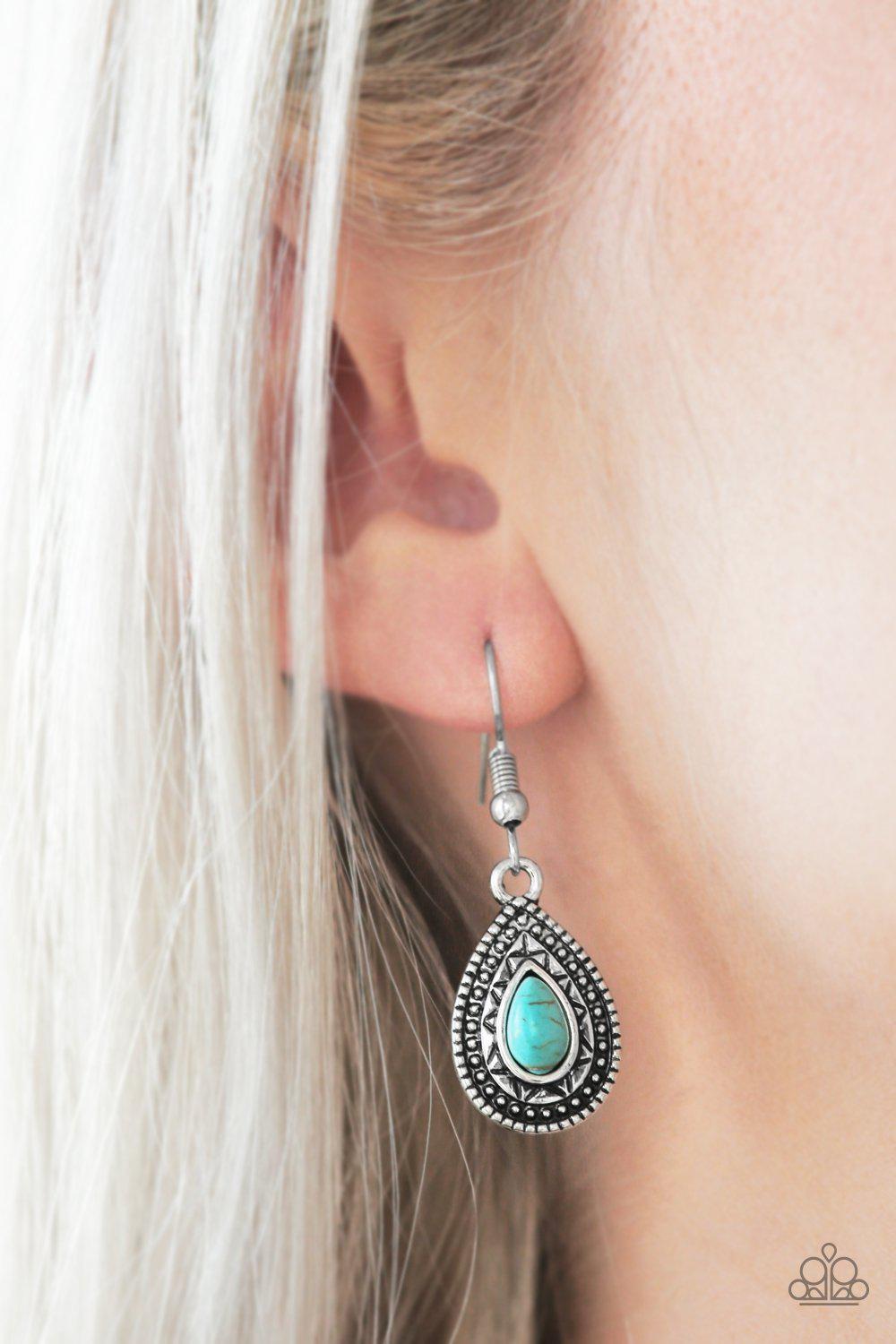 Blazing Beauty Turquoise Blue Stone Teardrop Earrings - Paparazzi Accessories- on model - CarasShop.com - Paparazzi Jewelry by Cara Jewels