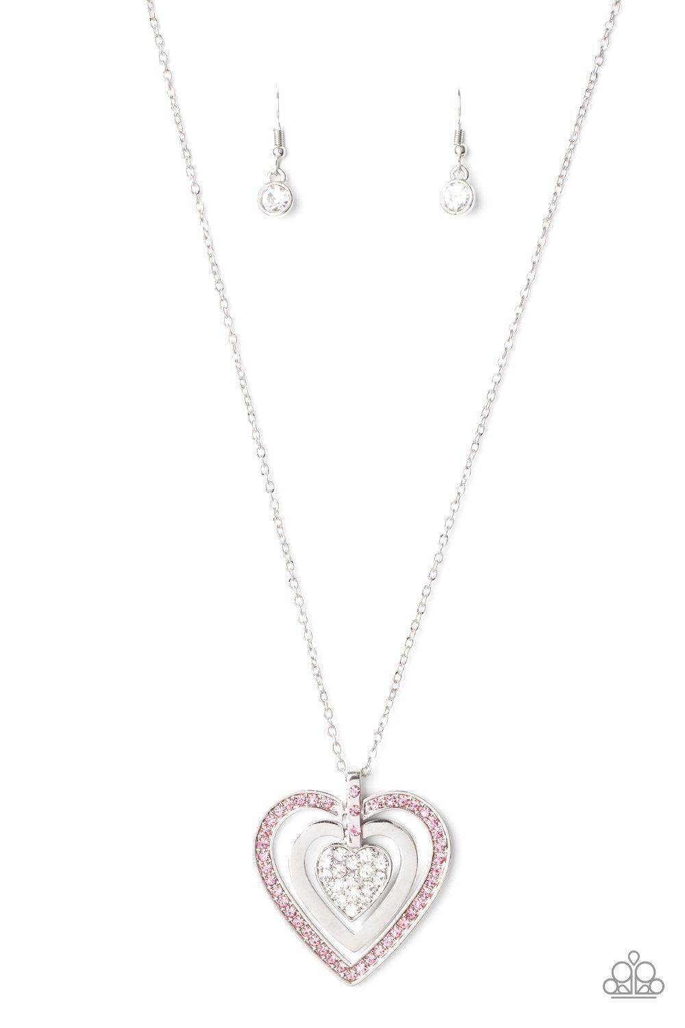 Bless Your Heart Pink and White Rhinestone Heart Necklace - Paparazzi Accessories- lightbox - CarasShop.com - Paparazzi Jewelry by Cara Jewels