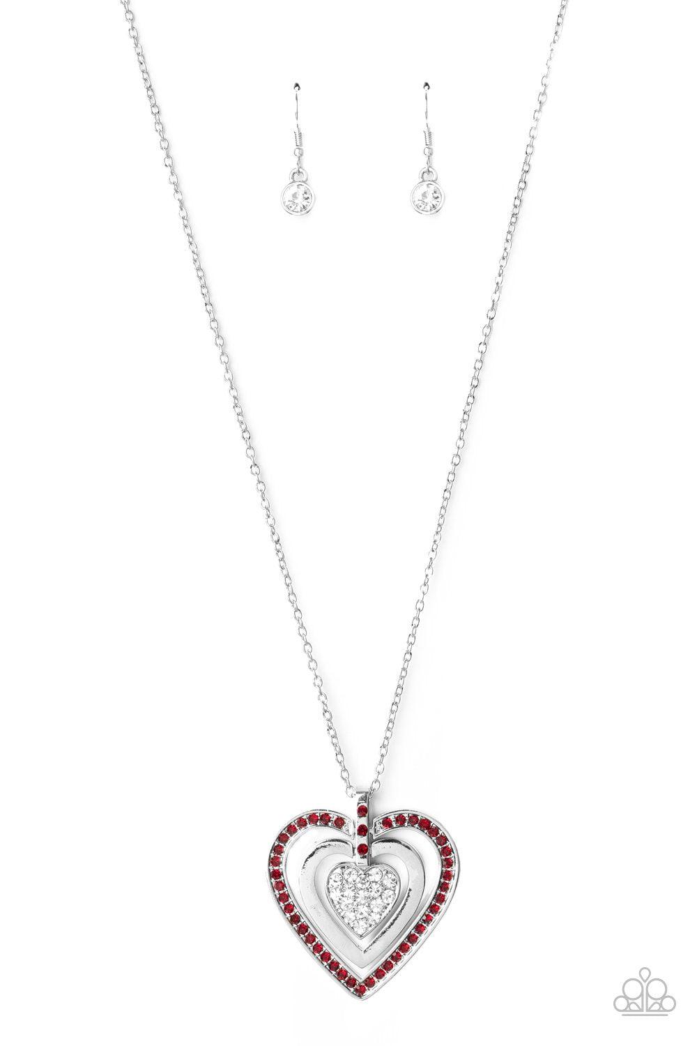 Bless Your Heart Red and White Rhinestone Heart Necklace - Paparazzi Accessories- lightbox - CarasShop.com - Paparazzi Jewelry by Cara Jewels