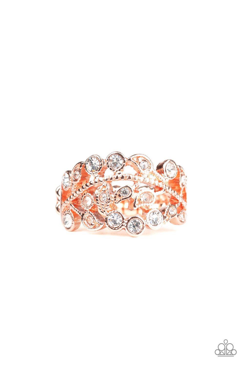 Bling Swing Copper and White Rhinestone Ring - Paparazzi Accessories- lightbox - CarasShop.com - Paparazzi Jewelry by Cara Jewels