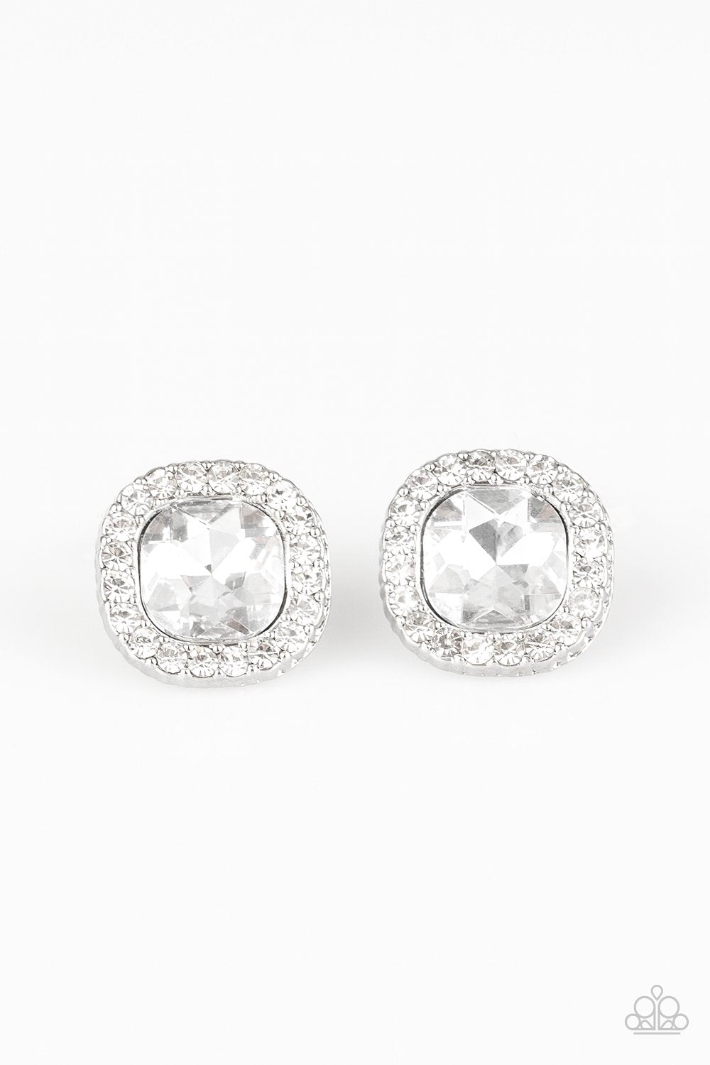 BLING-tastic! White Rhinestone Post Earrings - Paparazzi Accessories- lightbox - CarasShop.com - Paparazzi Jewelry by Cara Jewels
