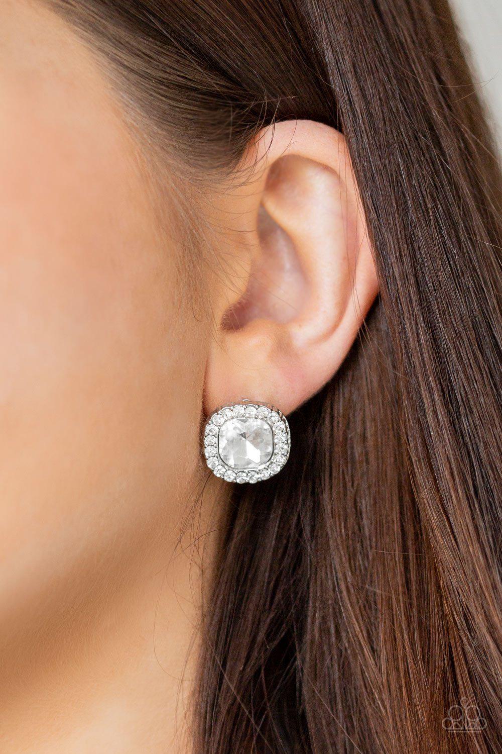 BLING-tastic! White Rhinestone Post Earrings - Paparazzi Accessories- on model - CarasShop.com - Paparazzi Jewelry by Cara Jewels