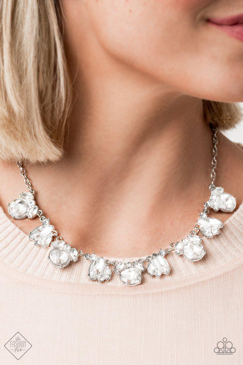 BLING To Attention White Rhinestone Necklace - Paparazzi Accessories- on model - CarasShop.com - Paparazzi Jewelry by Cara Jewels