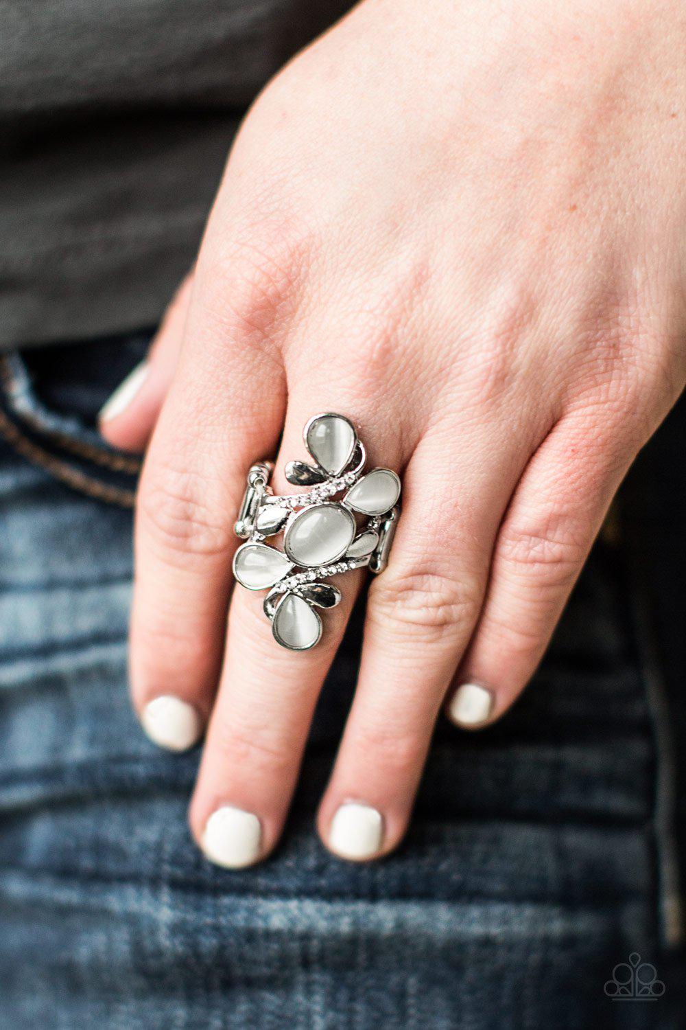 Bliss Out White Moonstone Ring - Paparazzi Accessories- on model - CarasShop.com - Paparazzi Jewelry by Cara Jewels