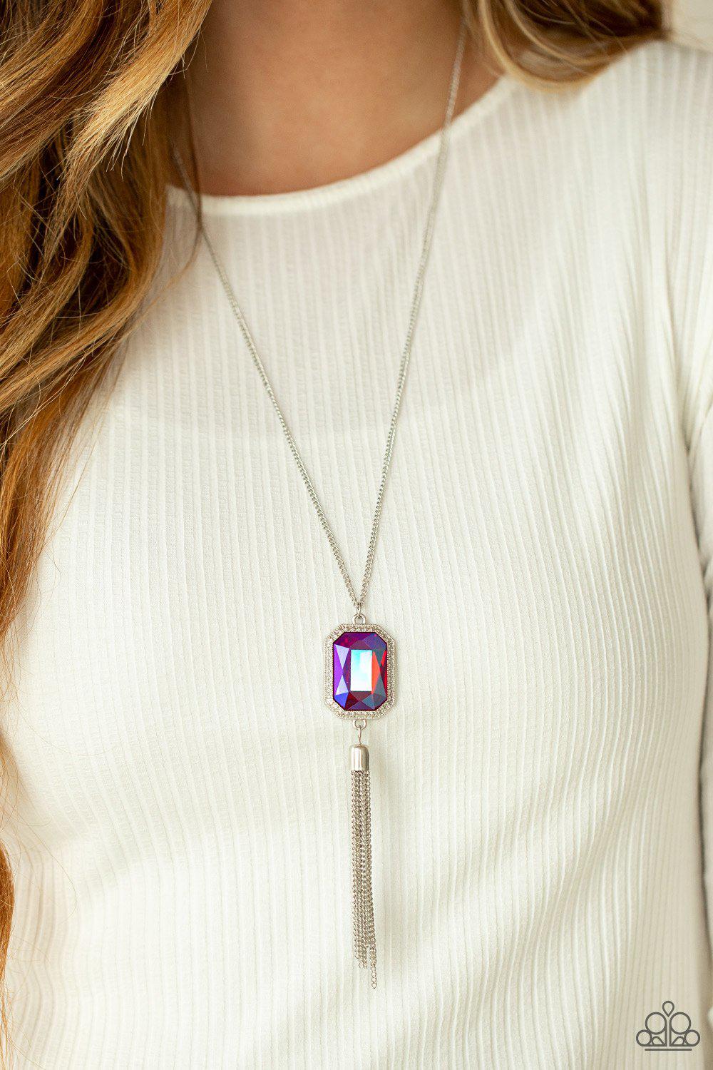 Blissed Out Opulence Pink Iridescent Gem Tassel Necklace - Paparazzi Accessories- on model - CarasShop.com - Paparazzi Jewelry by Cara Jewels