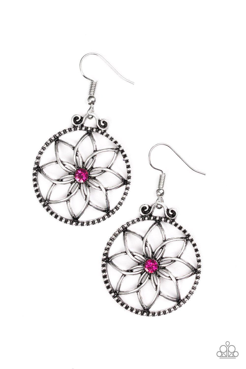 Bloom Bloom Pink Flower Earrings - Paparazzi Accessories- lightbox - CarasShop.com - Paparazzi Jewelry by Cara Jewels