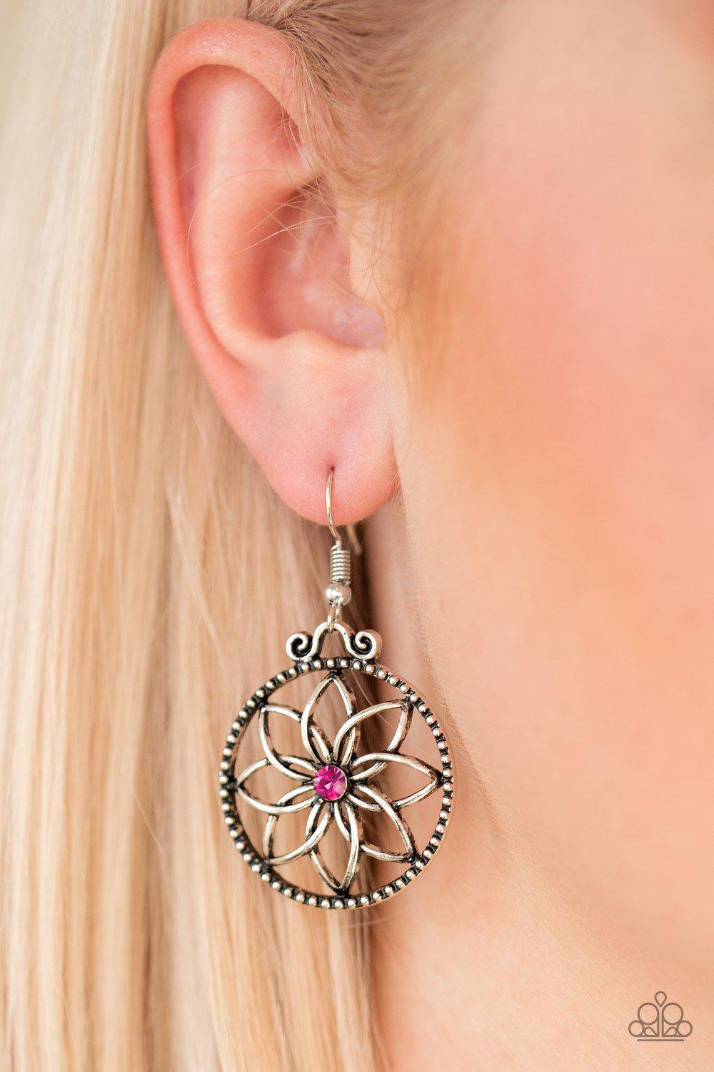 Bloom Bloom Pink Flower Earrings - Paparazzi Accessories- on model - CarasShop.com - Paparazzi Jewelry by Cara Jewels