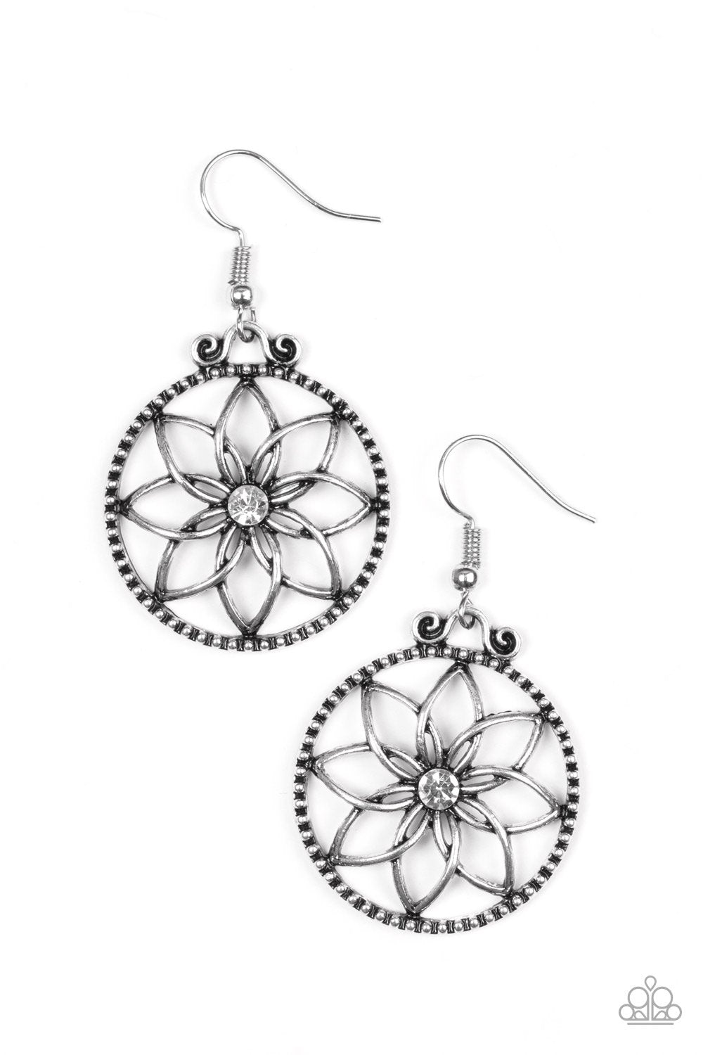 Bloom Bloom White Flower Earrings - Paparazzi Accessories- lightbox - CarasShop.com - Paparazzi Jewelry by Cara Jewels