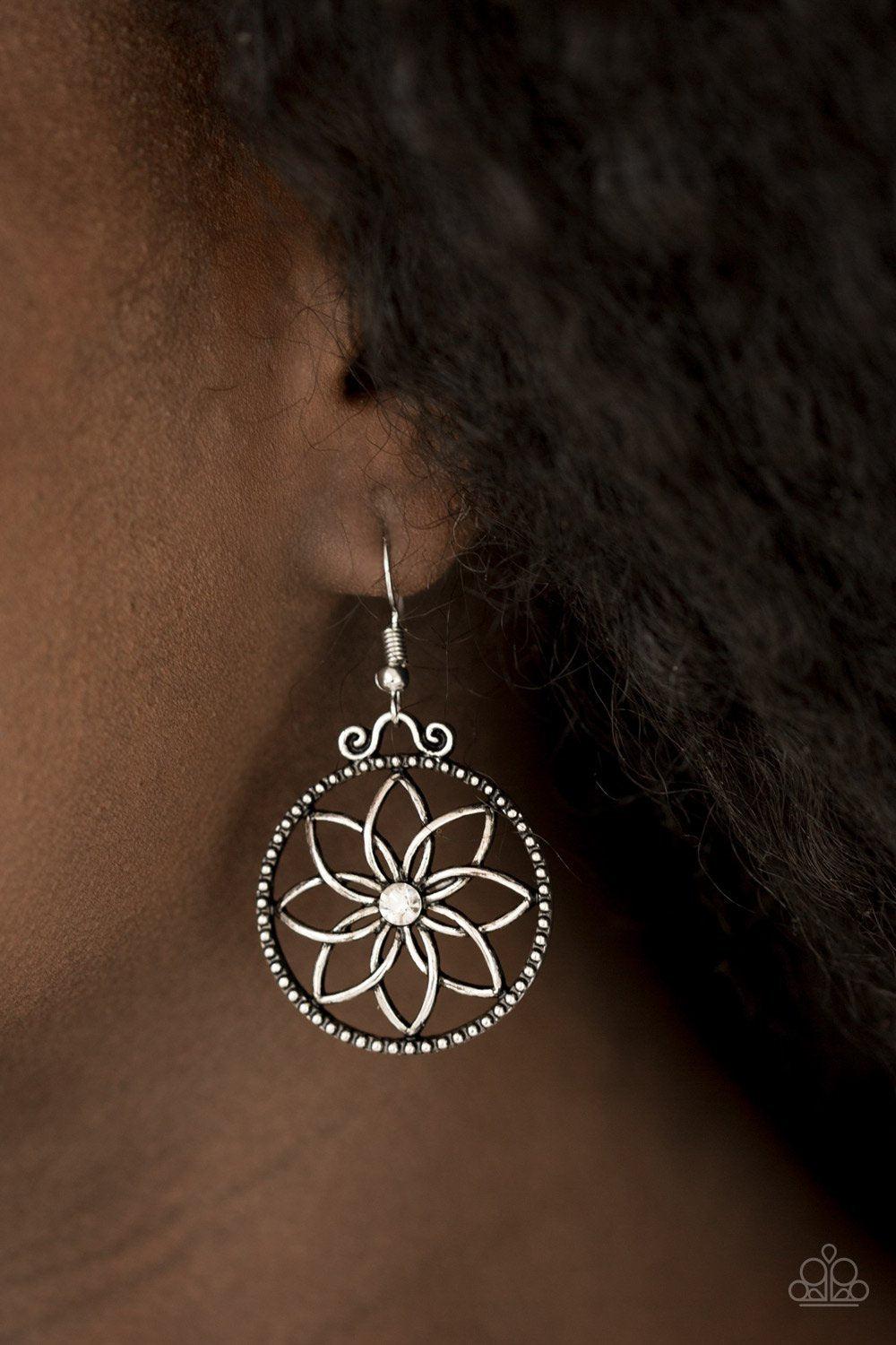Bloom Bloom White Flower Earrings - Paparazzi Accessories- on model - CarasShop.com - Paparazzi Jewelry by Cara Jewels