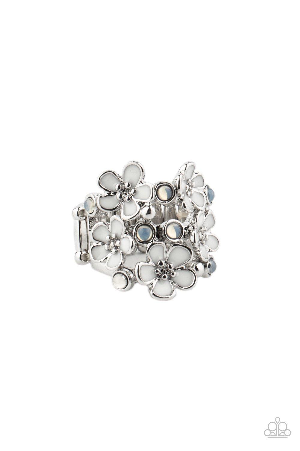 Blooming Banquet White Flower Ring - Paparazzi Accessories- lightbox - CarasShop.com - Paparazzi Jewelry by Cara Jewels
