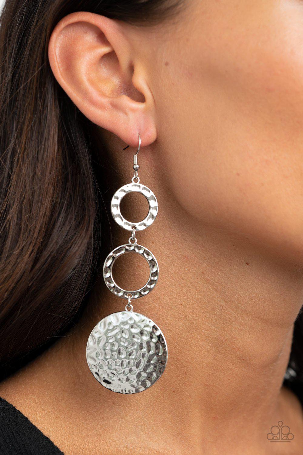 Blooming Baubles Silver Earrings - Paparazzi Accessories- on model - CarasShop.com - Paparazzi Jewelry by Cara Jewels