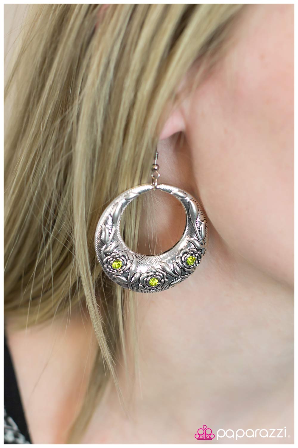 Blooming Borders Green Rhinestone and Silver Earrings - Paparazzi Accessories- on model - CarasShop.com - Paparazzi Jewelry by Cara Jewels