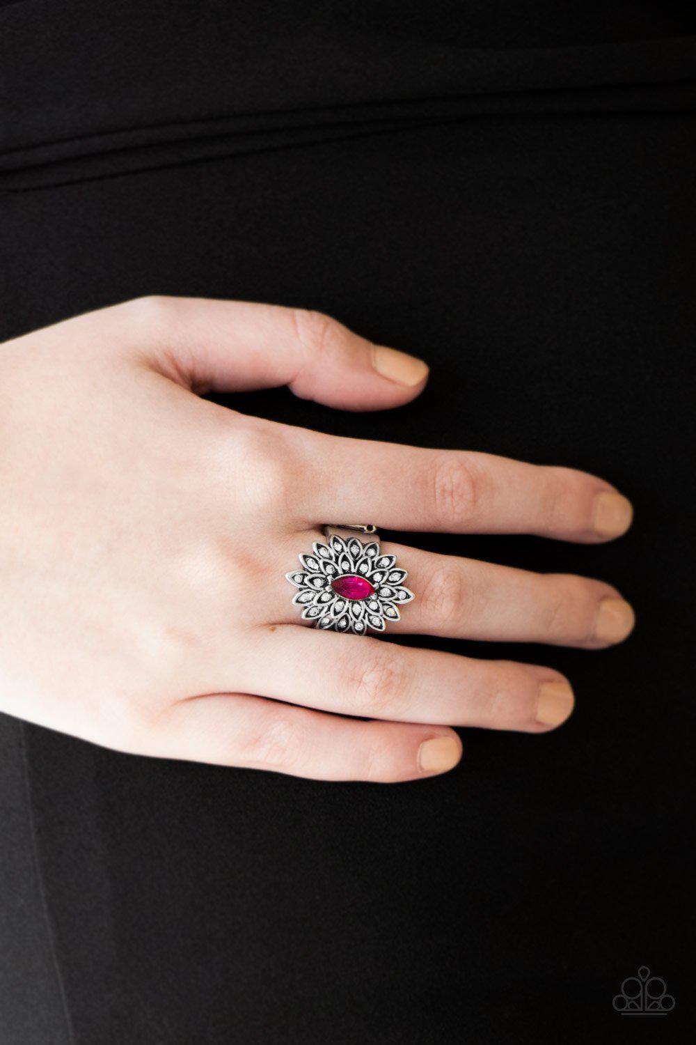 Blooming Fireworks Pink and Silver Ring - Paparazzi Accessories- on model - CarasShop.com - Paparazzi Jewelry by Cara Jewels