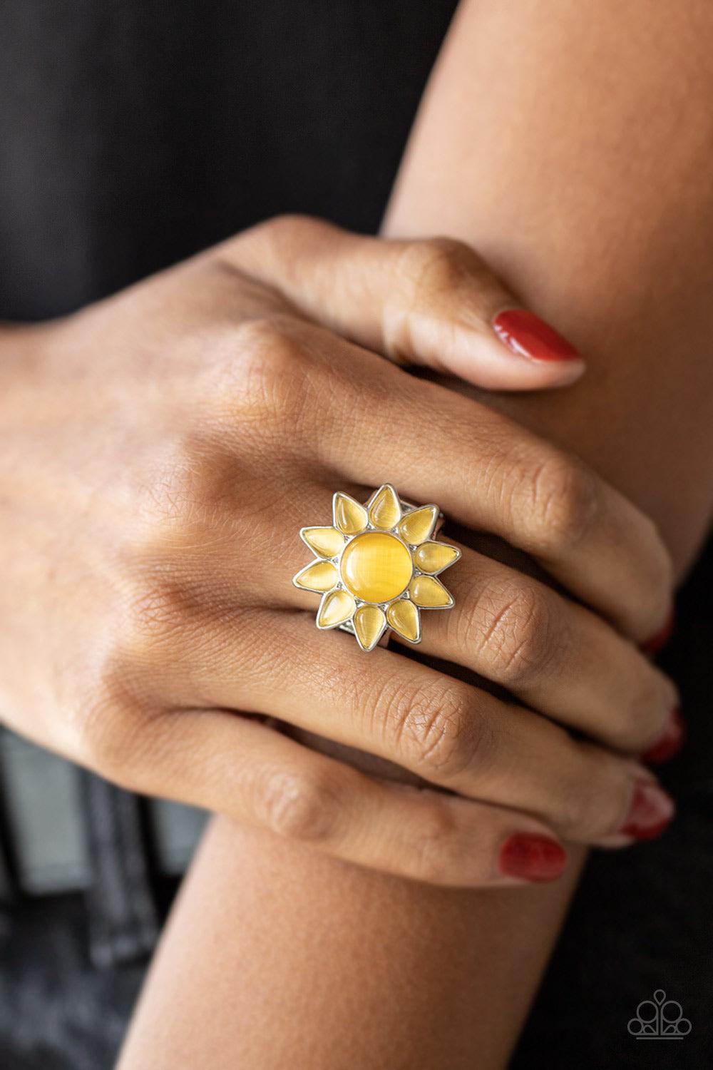 Blossoming Sunbeams Yellow Cat's Eye Stone Ring - Paparazzi Accessories- on model - CarasShop.com - Paparazzi Jewelry by Cara Jewels