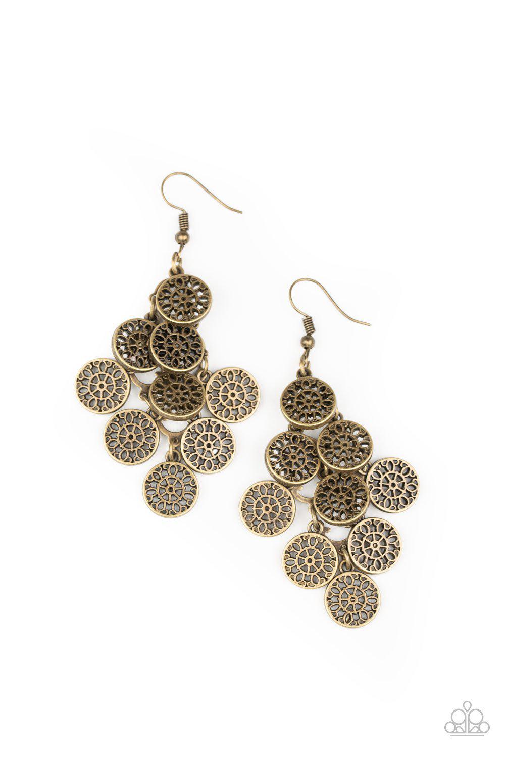 Blushing Blooms Brass Cascading Flower Earrings - Paparazzi Accessories- lightbox - CarasShop.com - Paparazzi Jewelry by Cara Jewels