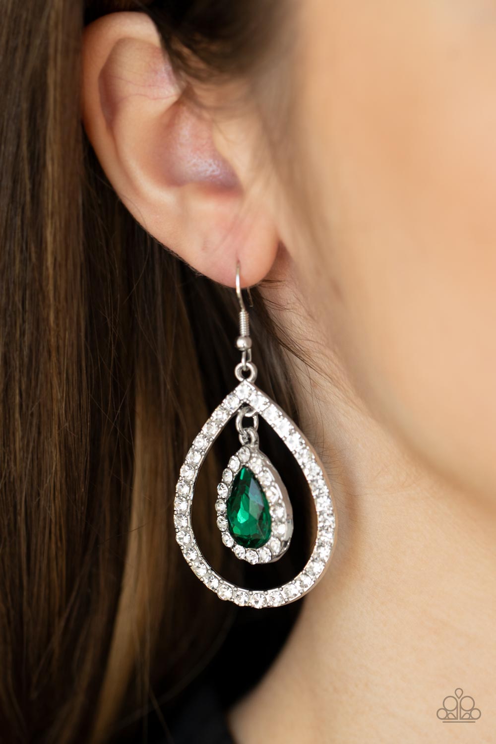 Blushing Bride Green & White Rhinestone Earrings - Paparazzi Accessories- on model - CarasShop.com - Paparazzi Jewelry by Cara Jewels