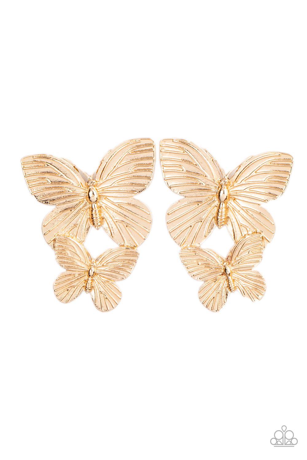 Blushing Butterflies Gold Earrings - Paparazzi Accessories- lightbox - CarasShop.com - Paparazzi Jewelry by Cara Jewels