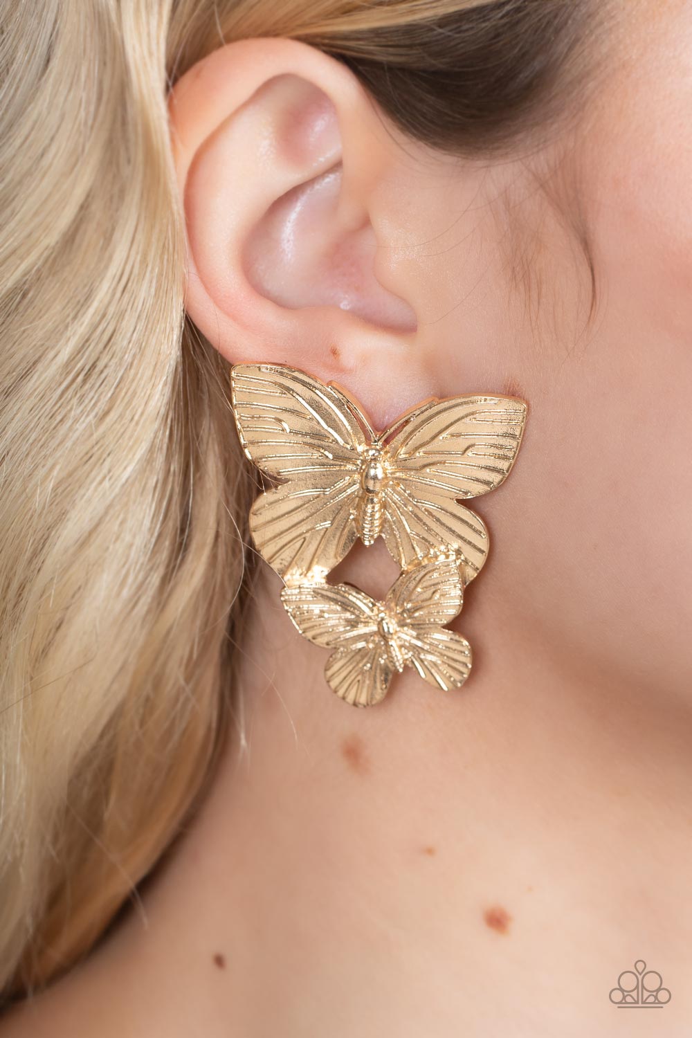 Blushing Butterflies Gold Earrings - Paparazzi Accessories- on model - CarasShop.com - Paparazzi Jewelry by Cara Jewels