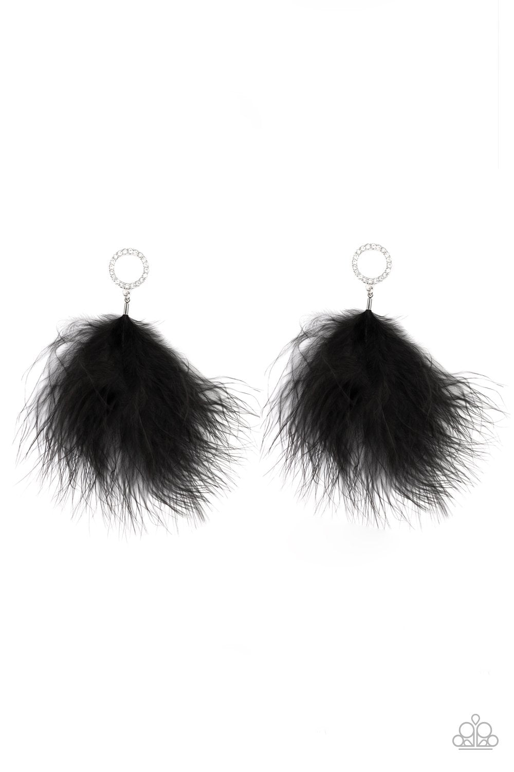 BOA Down Black Feather and White Rhinestone Earrings - Paparazzi Accessories- lightbox - CarasShop.com - Paparazzi Jewelry by Cara Jewels