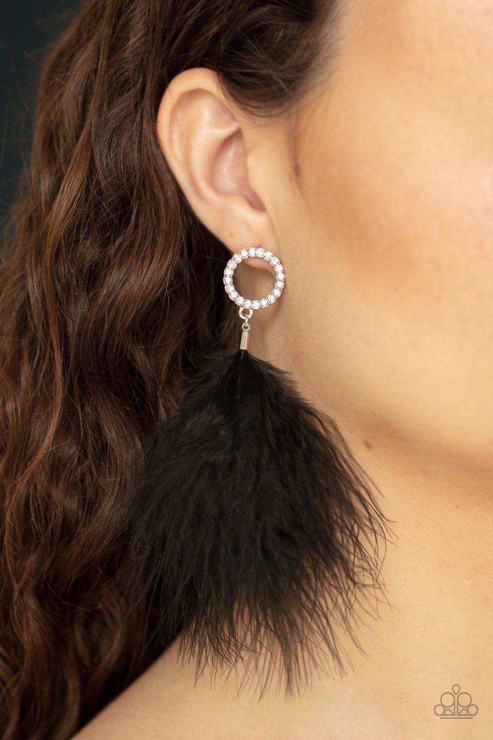 BOA Down Black Feather and White Rhinestone Earrings - Paparazzi Accessories- on model - CarasShop.com - Paparazzi Jewelry by Cara Jewels