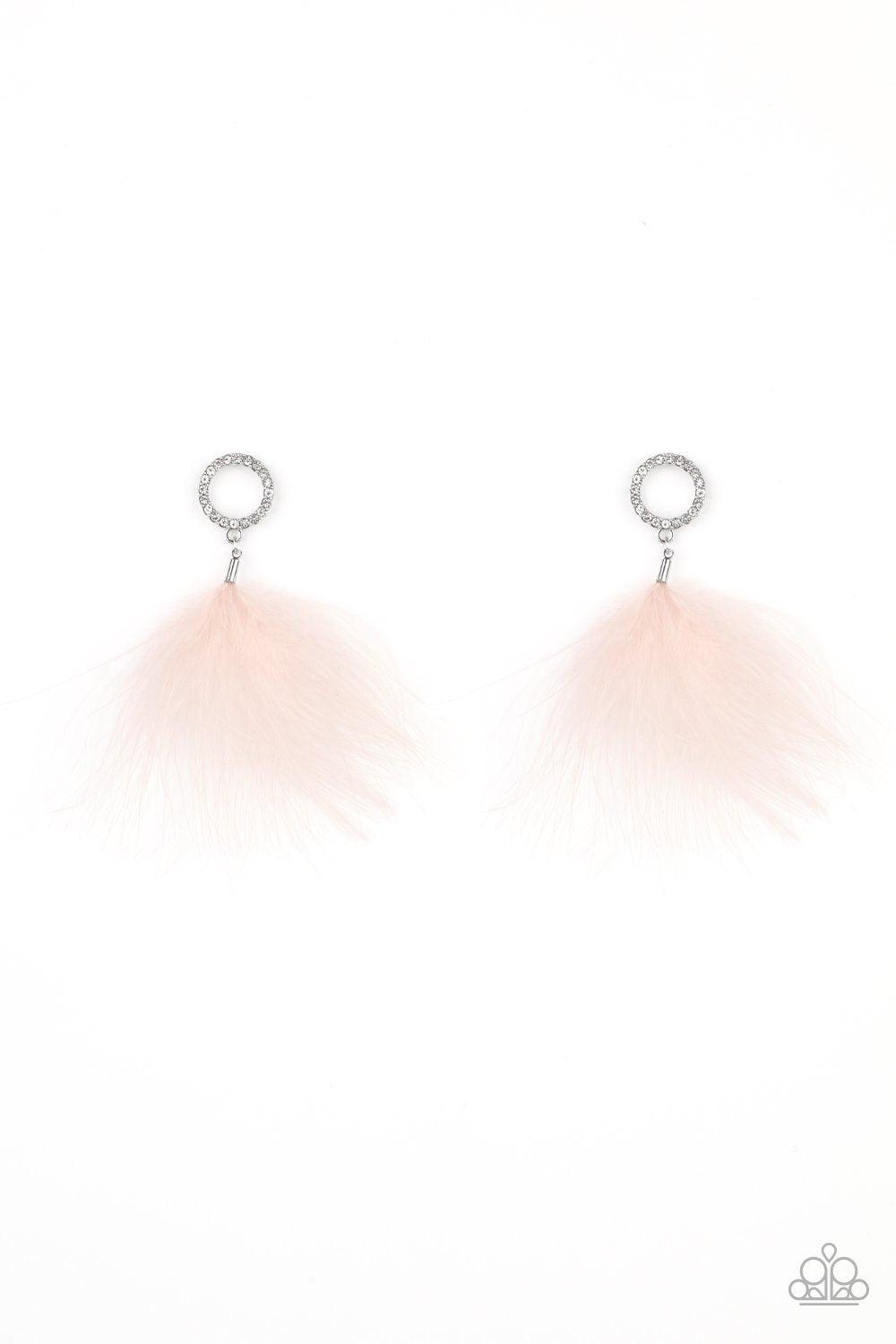 BOA Down Pink Feather and White Rhinestone Earrings - Paparazzi Accessories- lightbox - CarasShop.com - Paparazzi Jewelry by Cara Jewels