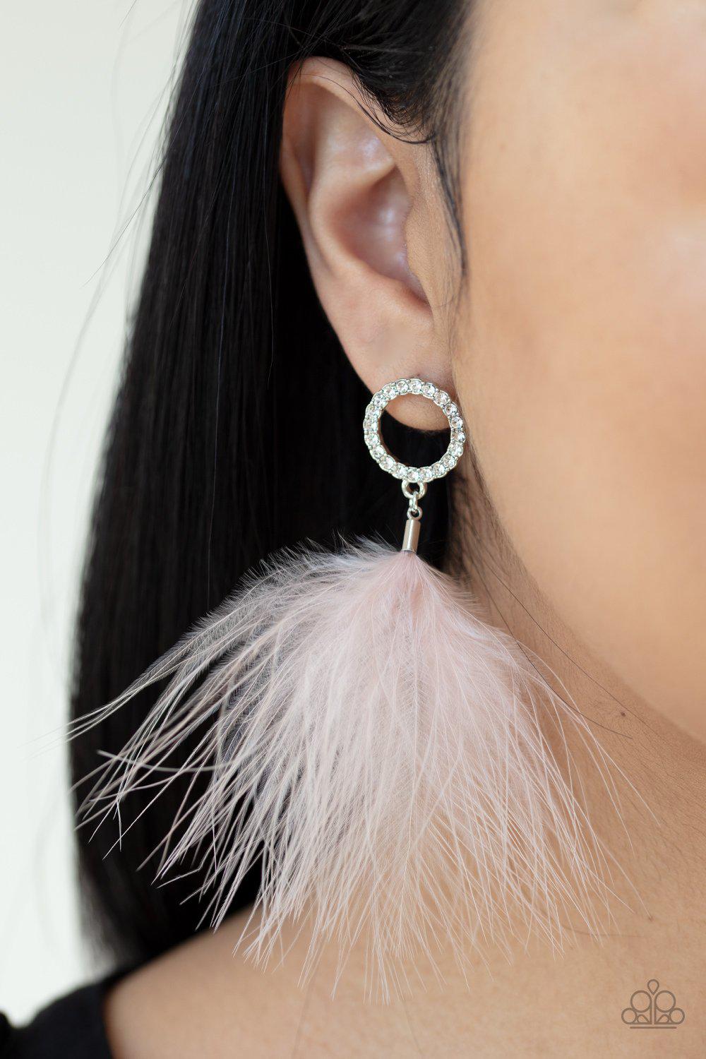 BOA Down Pink Feather and White Rhinestone Earrings - Paparazzi Accessories- on model - CarasShop.com - Paparazzi Jewelry by Cara Jewels
