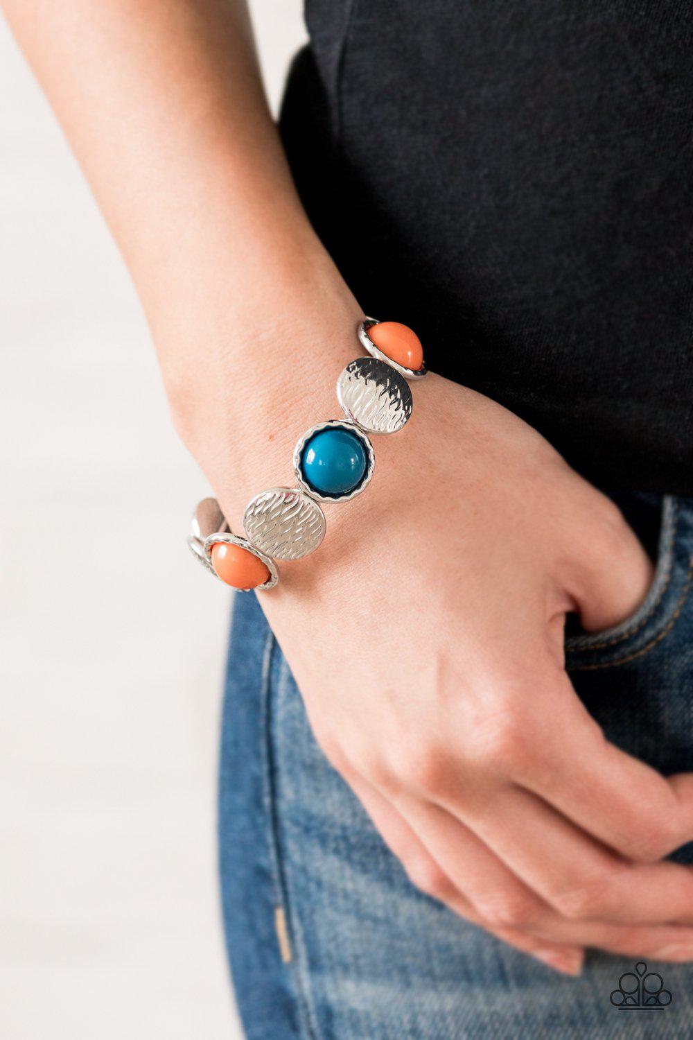 Boardwalk Boho Multi-color Blue and Orange Bracelet - Paparazzi Accessories- on model - CarasShop.com - Paparazzi Jewelry by Cara Jewels