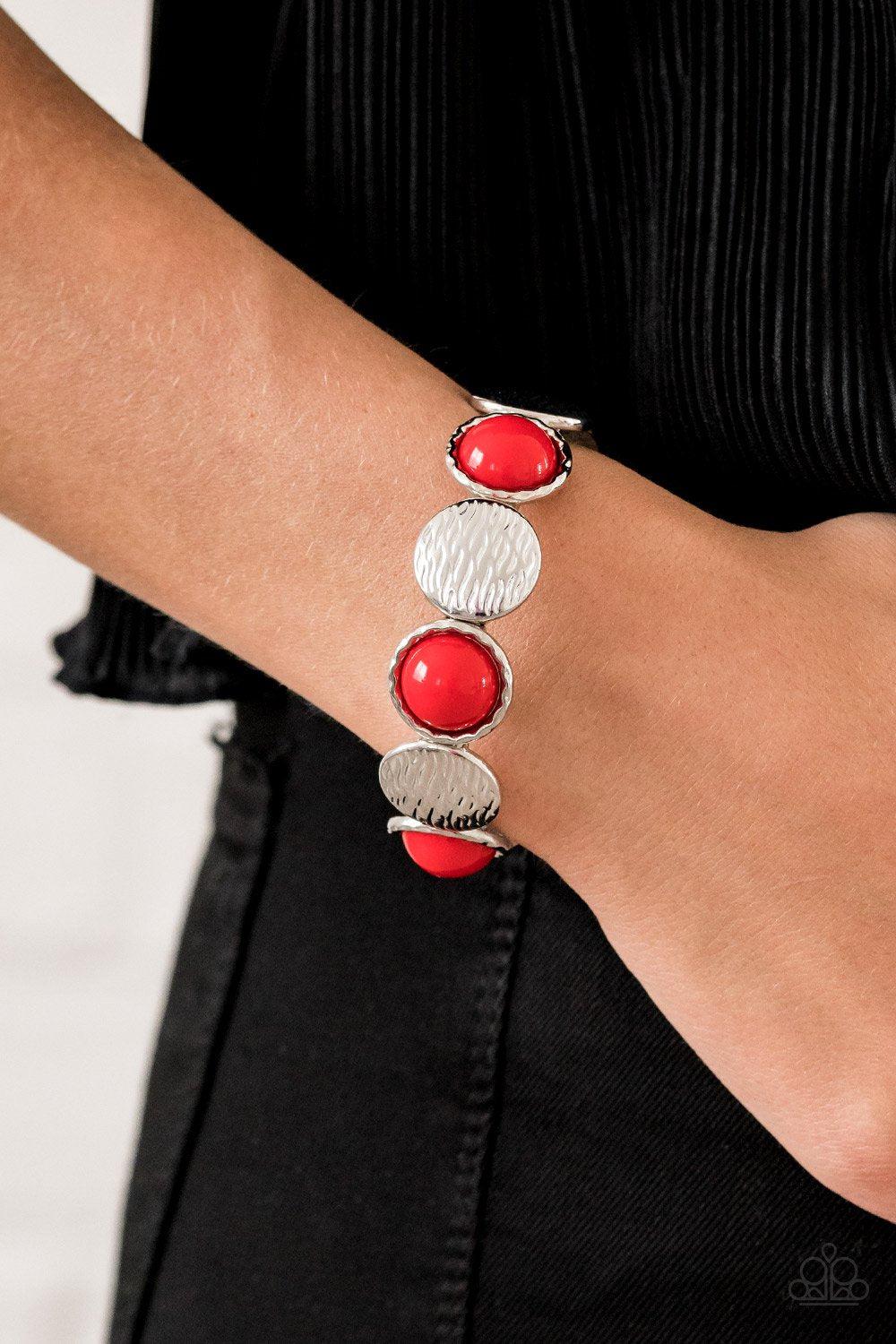 Boardwalk Boho Red Bracelet - Paparazzi Accessories- on model - CarasShop.com - Paparazzi Jewelry by Cara Jewels