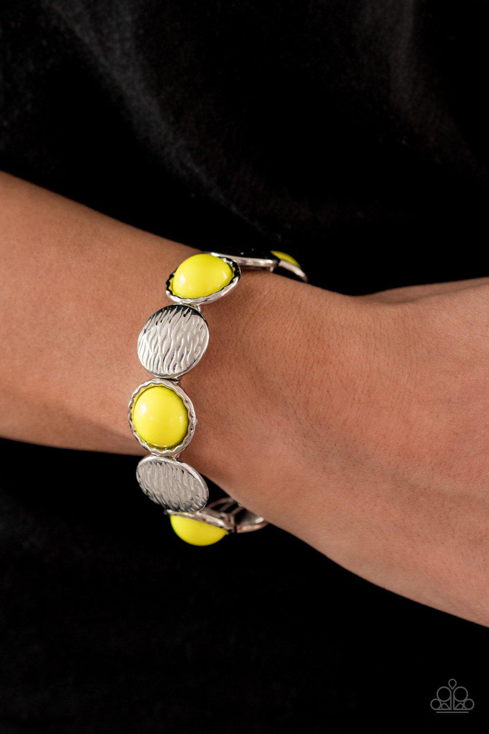 Boardwalk Boho Yellow Bracelet - Paparazzi Accessories- on model - CarasShop.com - Paparazzi Jewelry by Cara Jewels