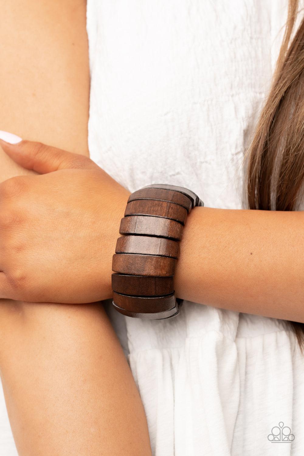 Boardwalk Bonanza Brown Wood Bracelet - Paparazzi Accessories- on model - CarasShop.com - Paparazzi Jewelry by Cara Jewels