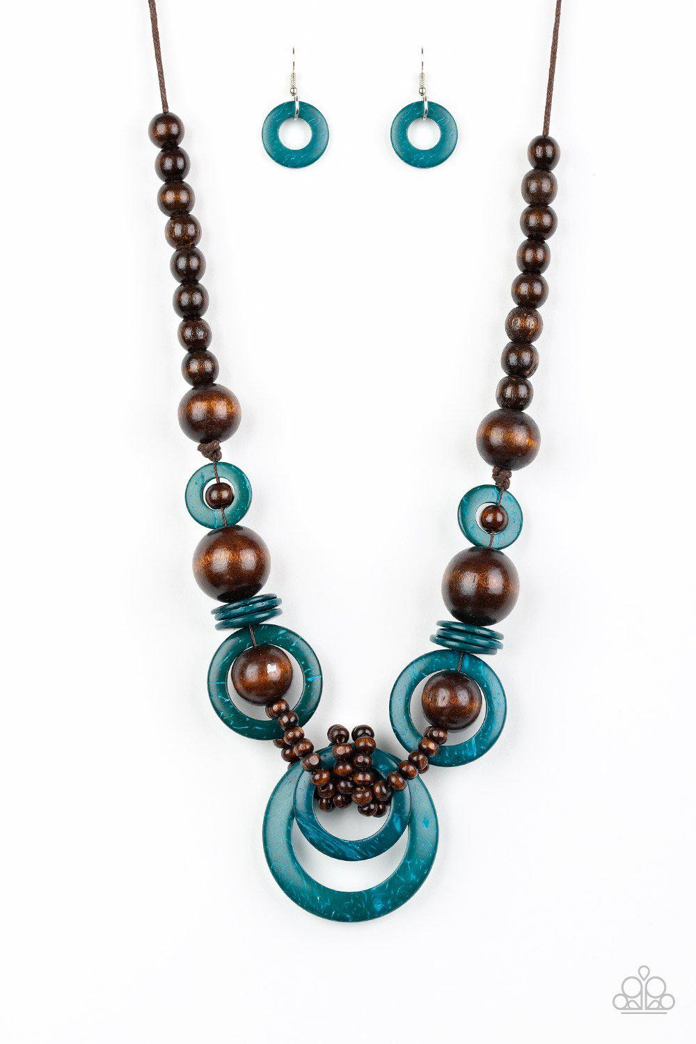 Boardwalk Party Blue and Brown Wood Necklace - Paparazzi Accessories- lightbox - CarasShop.com - Paparazzi Jewelry by Cara Jewels