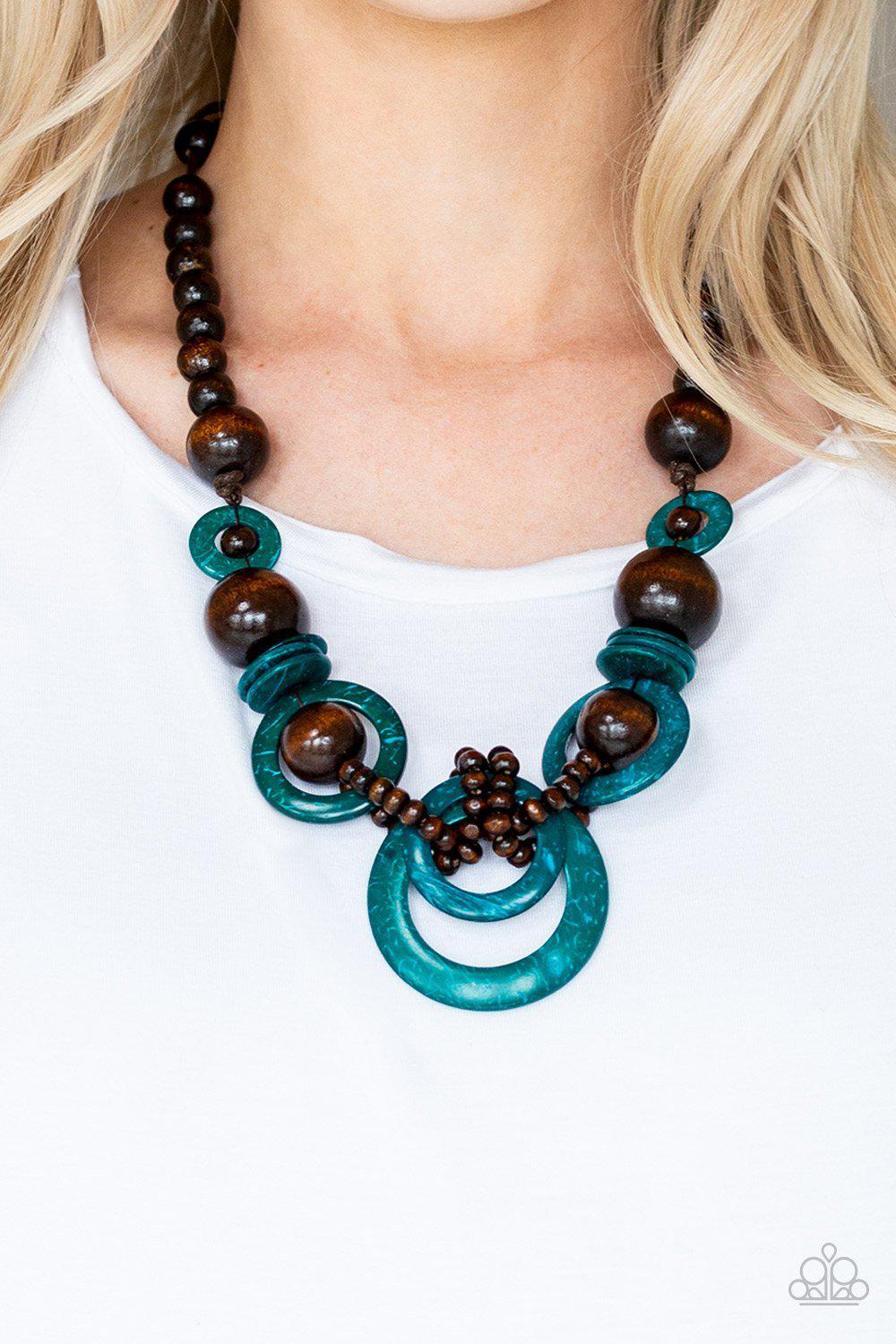 Boardwalk Party Blue and Brown Wood Necklace - Paparazzi Accessories- on model - CarasShop.com - Paparazzi Jewelry by Cara Jewels